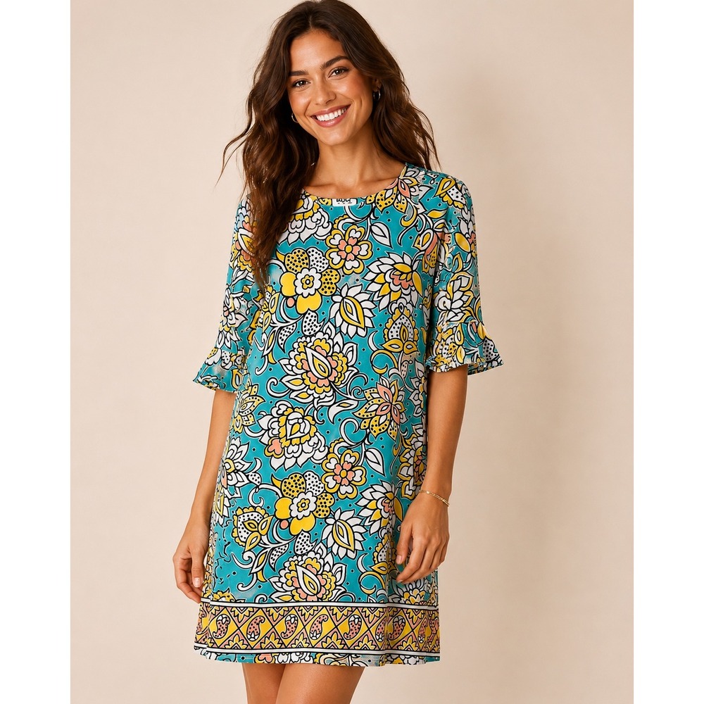 Leota Floral Paisley Ruffle Sleeve Shift Dress Teal Yellow XS Made in NY